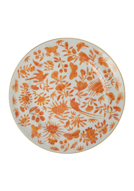 Set of four Casa by Josephine Jenno Sacred Bird and Butterfly Mottahedeh archival revival dinner plates with intricate bird and butterfly designs.