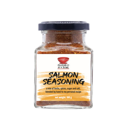 Salmon seasoned with Goodness in a Bowl salmon seasoning rub, showing a close-up of the spice blend on the fish.