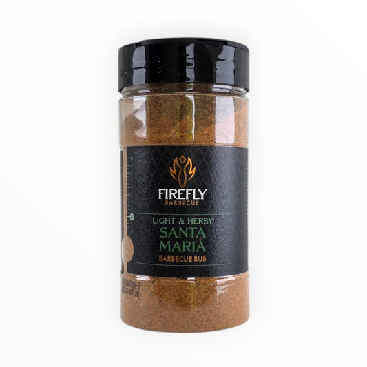FireFly Barbecue Santa Maria Seasoning Rub jar, a flavorful BBQ rub with spices for grilling and outdoor cooking.