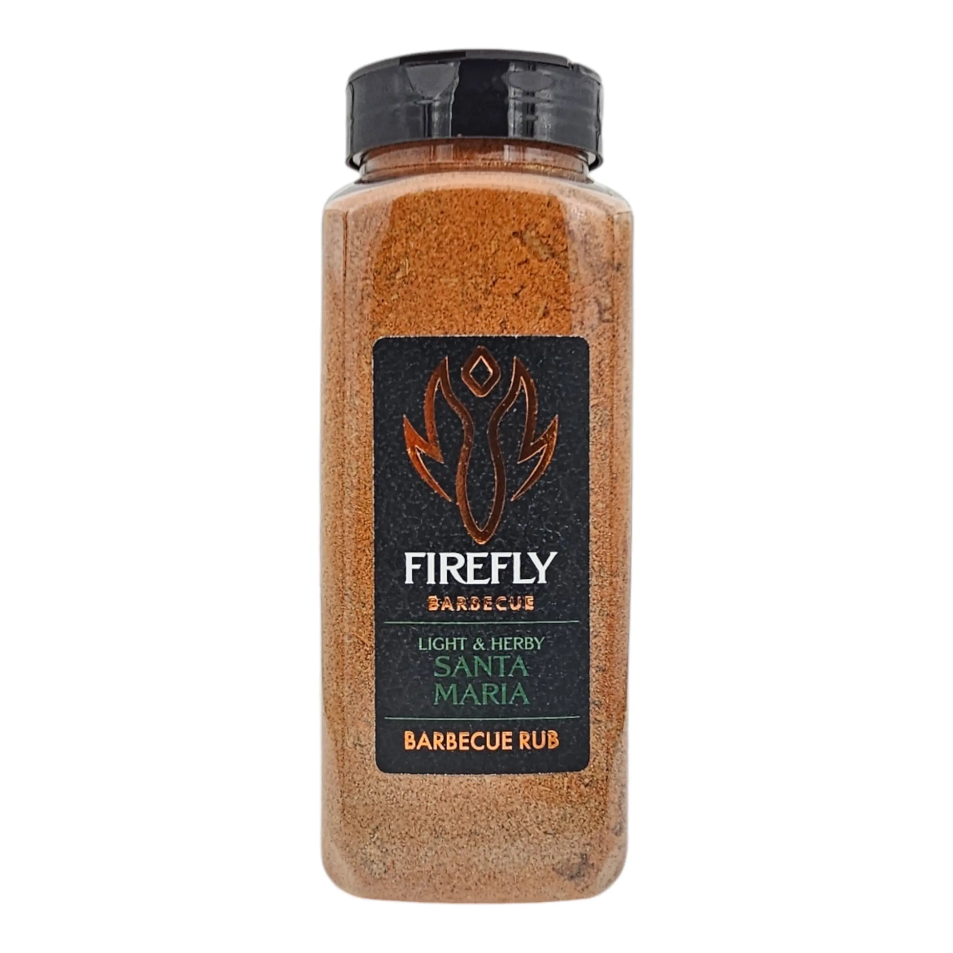 Santa Maria Seasoning Rub by FireFly Barbecue, a flavorful BBQ rub in a jar with a blend of herbs and spices for grilling.