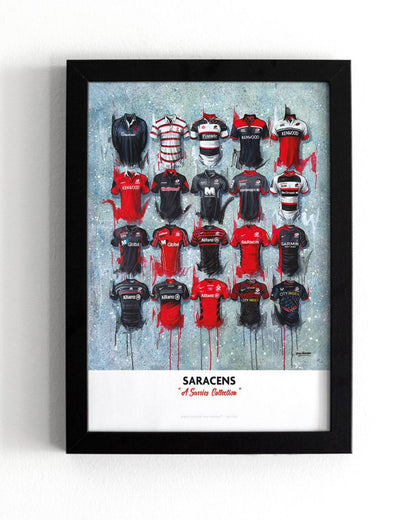 Limited edition signed print of Saracens FC shirts by Terry Kneeshaw Art, featuring detailed artwork of the team jerseys.