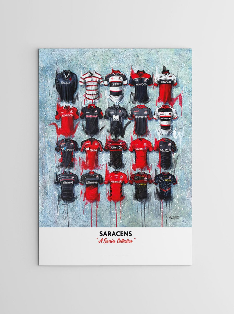 Limited edition signed print of Saracens FC shirts by Terry Kneeshaw Art, featuring detailed artwork of team jerseys.