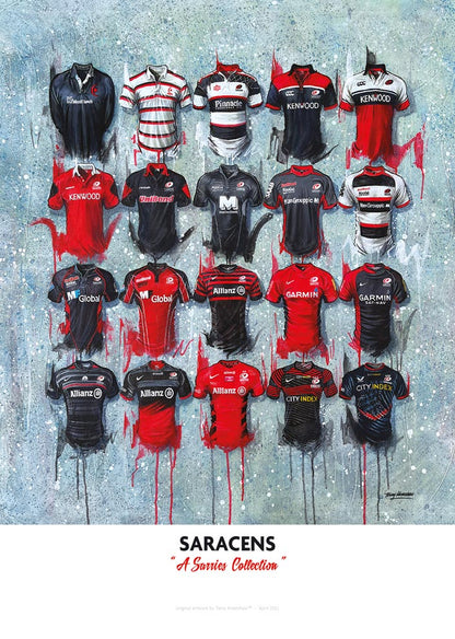 Limited edition signed print of Saracens FC shirts by Terry Kneeshaw Art, showcasing collectible sports memorabilia artwork.