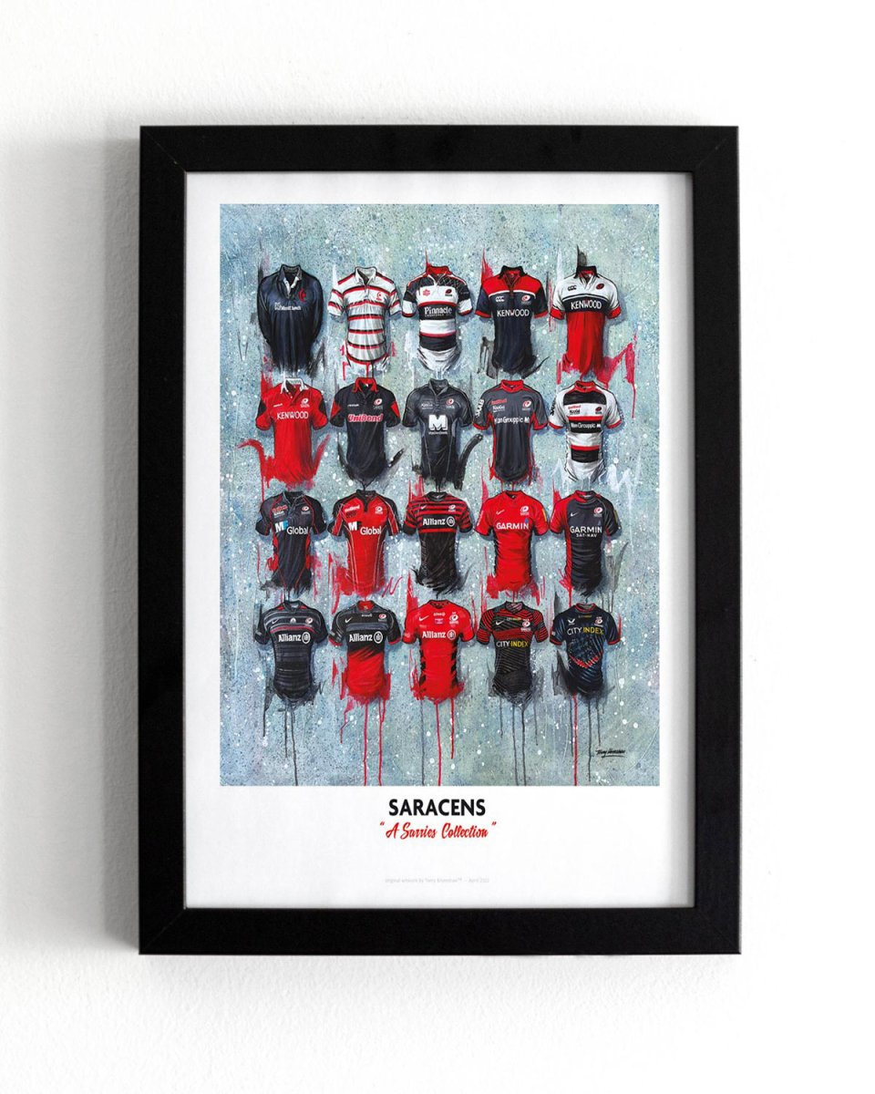 Limited edition print of Saracens FC shirts signed by Terry Kneeshaw Art, featuring detailed artwork of the A2 signed collectible.