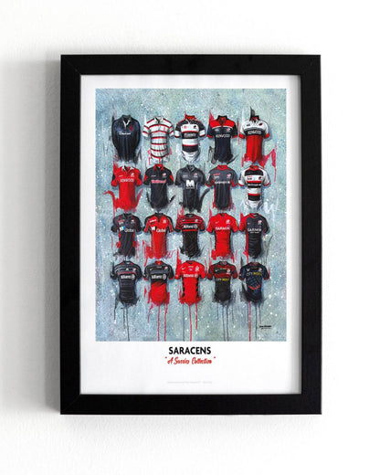 Limited edition print of Saracens FC shirts signed by Terry Kneeshaw Art, featuring detailed artwork of the A2 signed collectible.