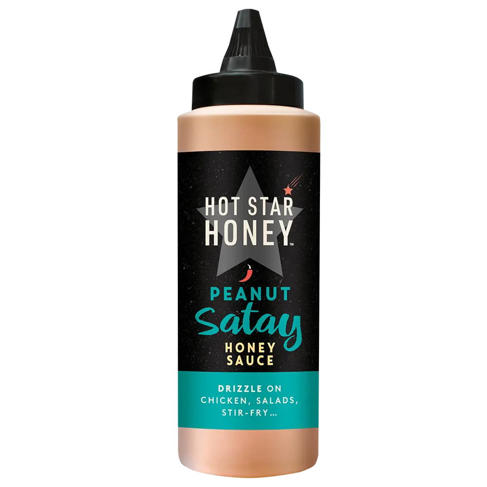 Hot Star Honey Peanut Satay Honey Sauce in a clear bottle, showcasing the Asian-inspired peanut satay and honey sauce.