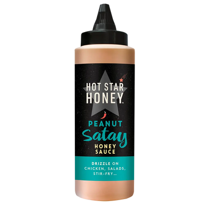 Hot Star Honey Peanut Satay Honey Sauce in a clear bottle, showcasing the Asian-inspired peanut satay and honey sauce.