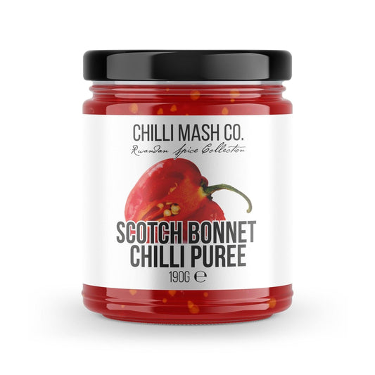 Scotch Bonnet Chilli Puree by Chilli Mash Co. in a 190g jar, showcasing vibrant orange Scotch Bonnet peppers and chili mash.