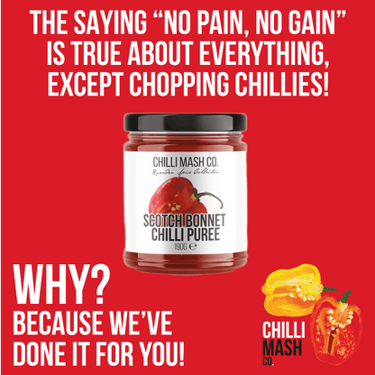 Scotch Bonnet Chilli Puree by Chilli Mash Co. in a 190g jar, showcasing vibrant orange Scotch Bonnet peppers and rich chili mash texture.