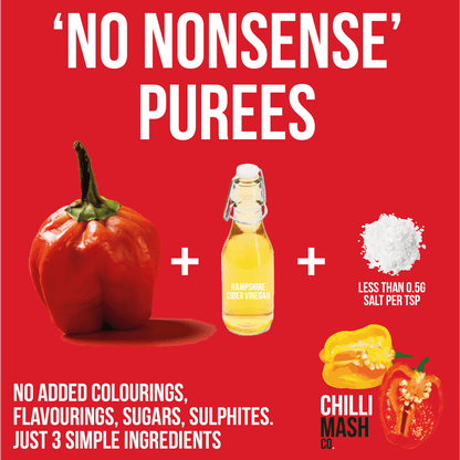 Smooth Scotch Bonnet Chilli Puree by Chilli Mash Co. in a 190g jar, showcasing vibrant orange chili mash with fresh ingredients.