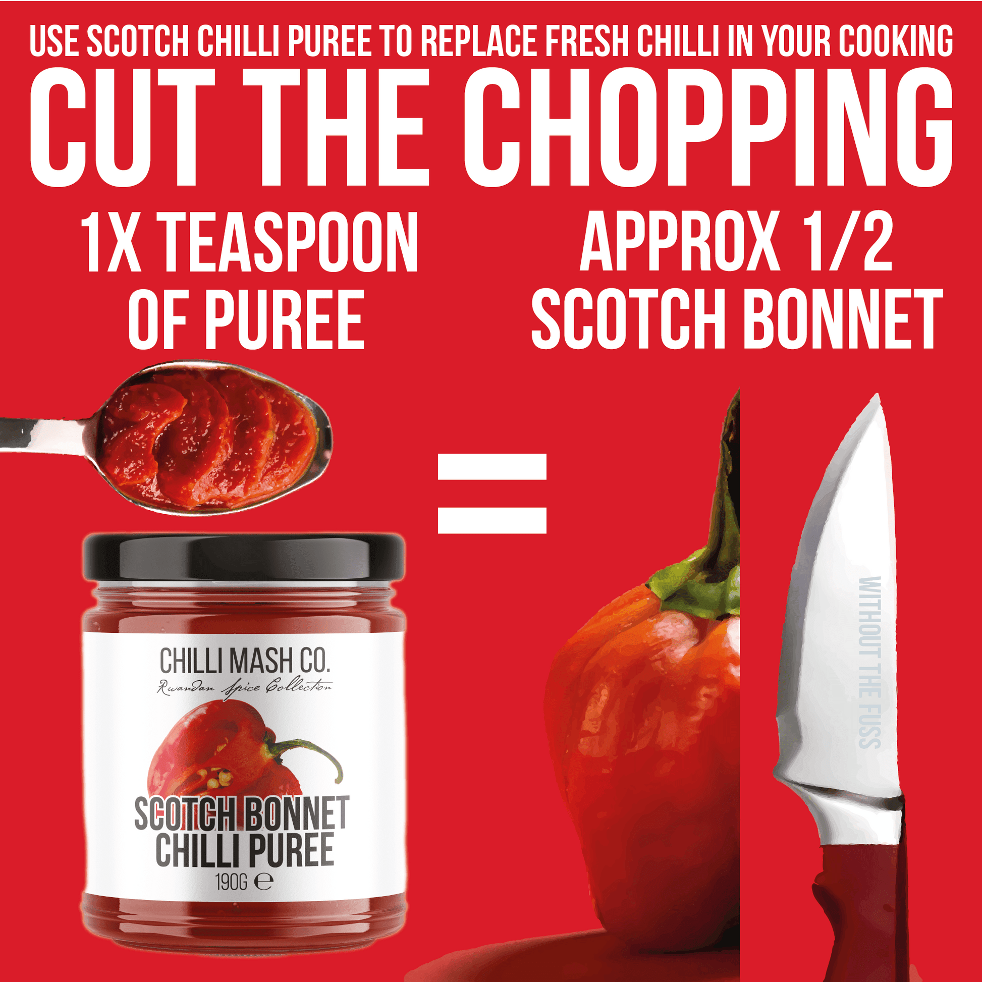 Scotch Bonnet Chilli Puree by Chilli Mash Co. in 190g jar, vibrant orange chili mash with visible chili pieces and smooth texture.