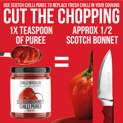 Scotch Bonnet Chilli Puree by Chilli Mash Co. in 190g jar, vibrant orange chili mash with visible chili pieces and smooth texture.