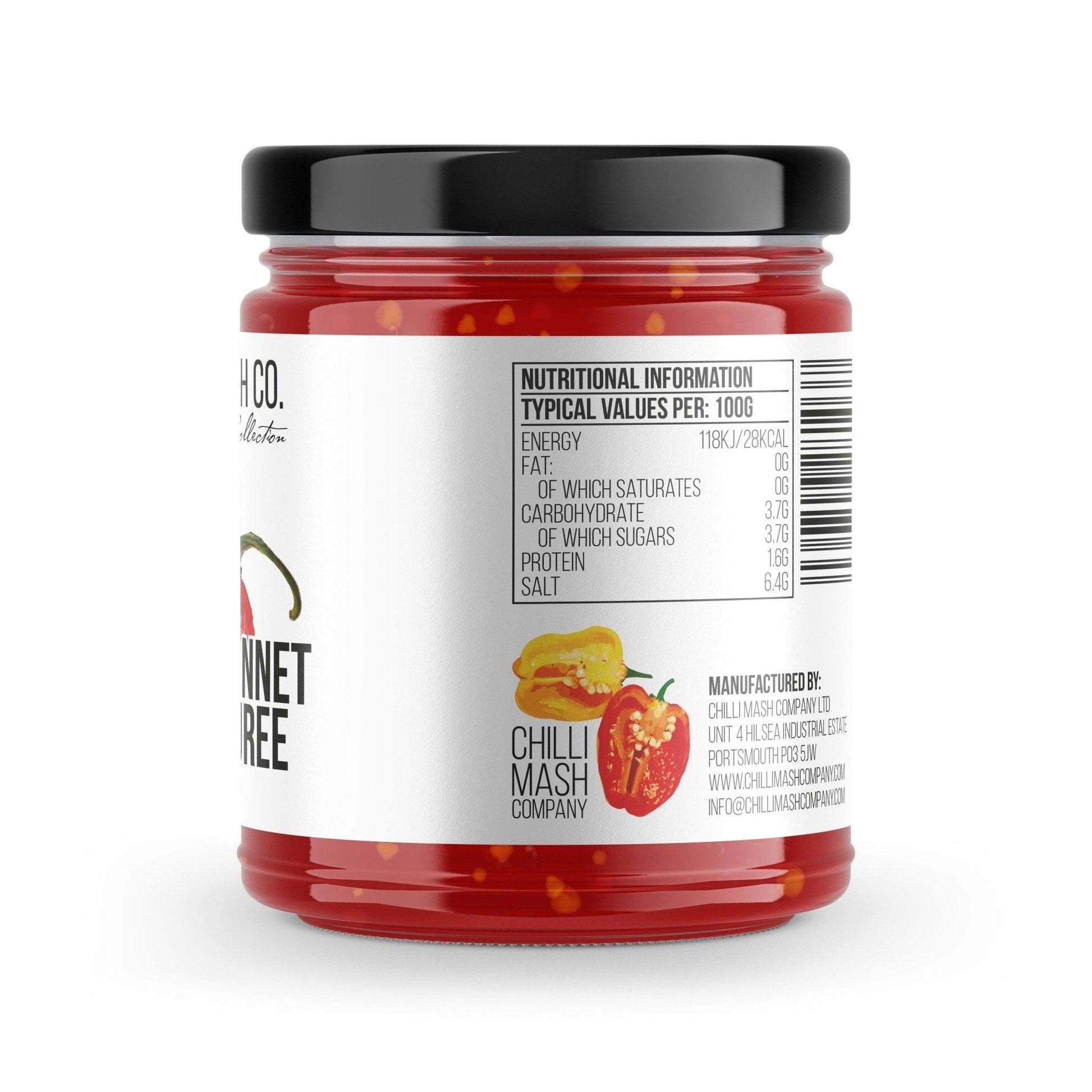 Scotch Bonnet Chilli Puree by Chilli Mash Co., 190g jar of spicy chili mash with bright orange Scotch Bonnet peppers.