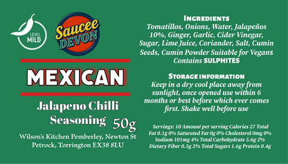 Wilson’s Kitchen Mexican Jalapeno Chilli Seasoning in a jar, vibrant green chili blend for flavorful dishes, artisan chilli sauce.