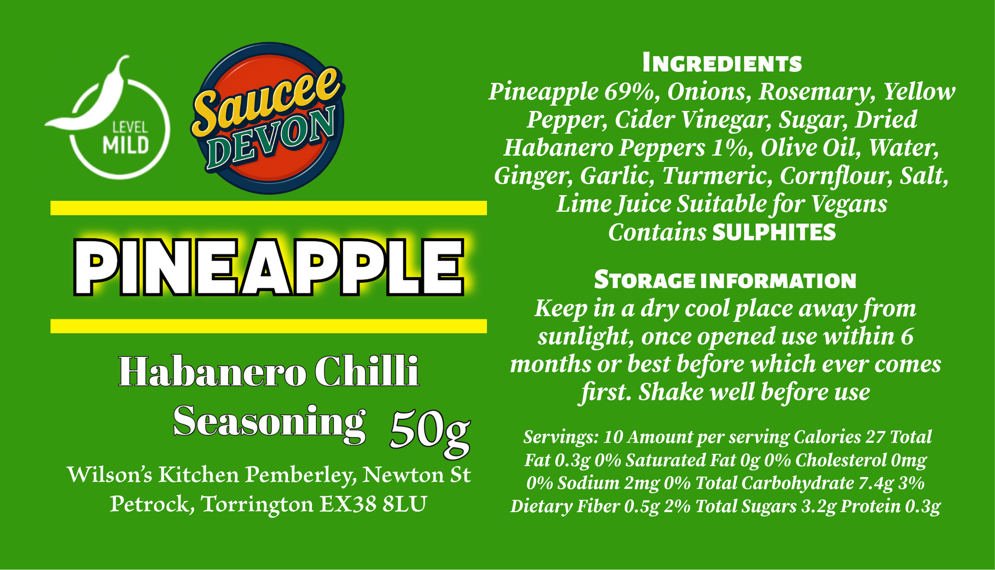 Wilson’s Kitchen Pineapple Habanero Chilli Seasoning in a jar, featuring vibrant orange pineapple and red habanero peppers.