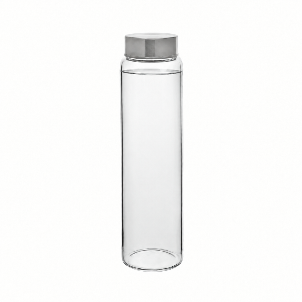 Clear 1-liter screw top glass bottle filled with water, made by Glassware UK, showcasing a sleek, transparent container for beverages.