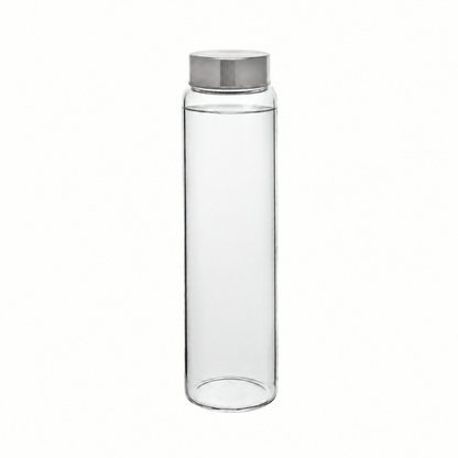 Clear 1-liter screw top glass bottle filled with water, made by Glassware UK, showcasing a sleek, transparent container for beverages.