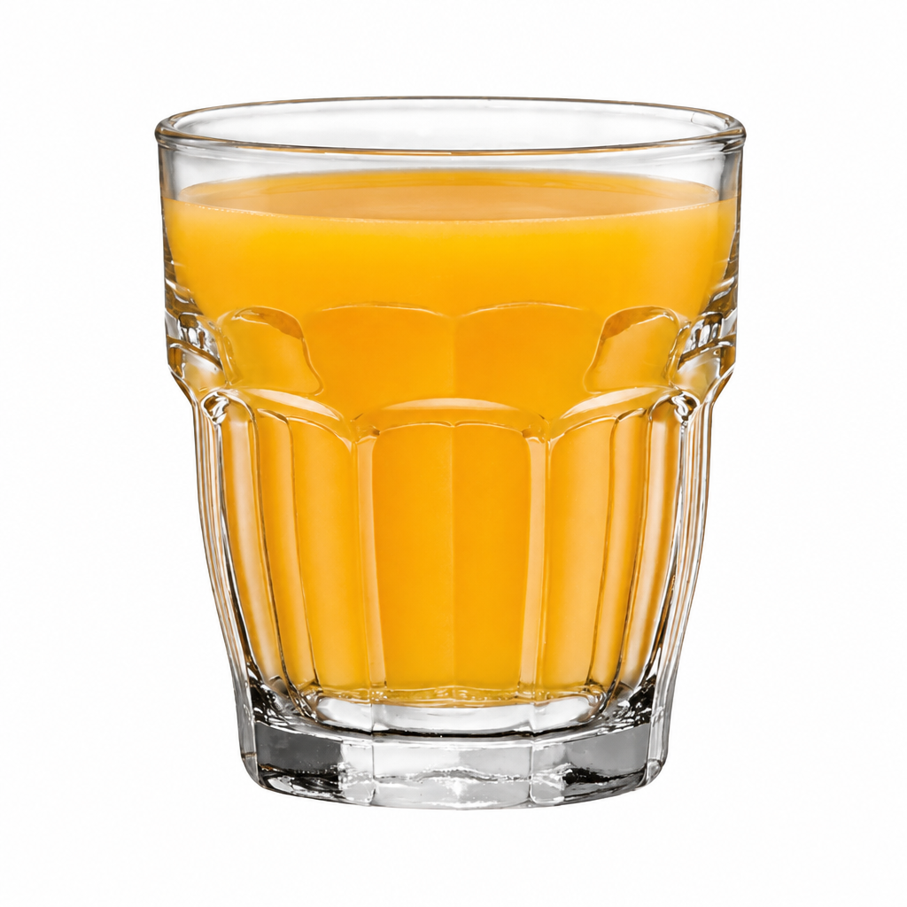 Bormioli Rocco 70ml rocks bar shot glass filled with juice, showcasing clear glassware for drinks and cocktails.