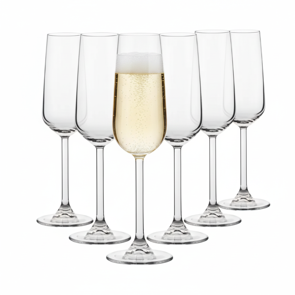 Set of six Allegra Champagne Flutes by Glassware UK, 200ml, clear glass with elegant tall stems, perfect for celebratory drinks.