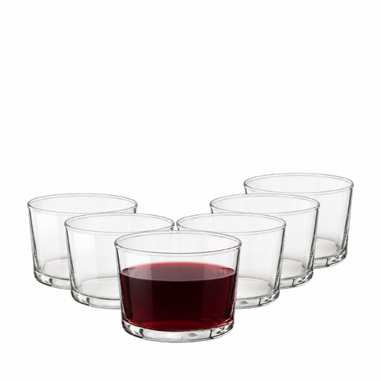 Set of six Bormioli Rocco Bodega mini whisky tumblers filled with red wine, 225ml glassware by Glassware UK.