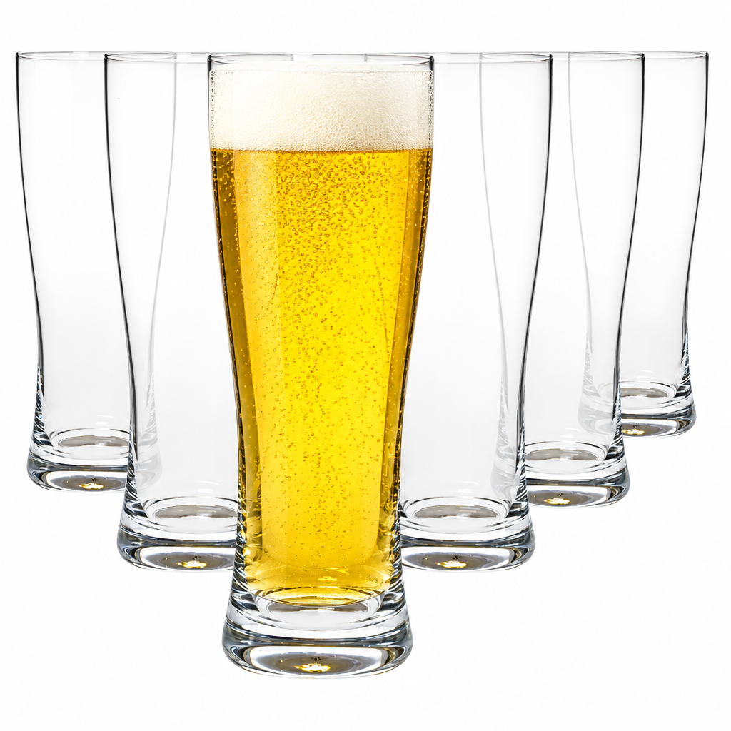 Set of six Krosno Craft Beer Tankards, 0.7L, with one glass filled with beer, showcasing clear glassware for craft beer enjoyment.