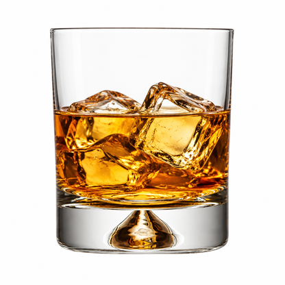 Krosno Dimple Base Whisky Tumbler with 260ml capacity, filled with whisky and ice, showcasing elegant glassware design.