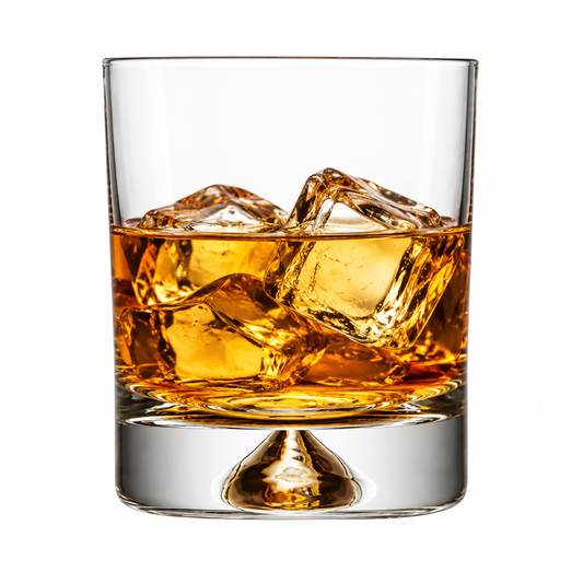 Krosno Dimple Base Whisky Tumbler with 260ml capacity, filled with whisky and ice, showcasing elegant glassware design.