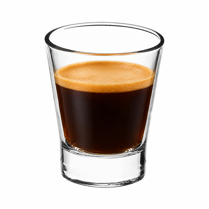Set of six Bormioli Rocco 85ml espresso shot glasses with sharpened edges, ideal for serving espresso coffee.