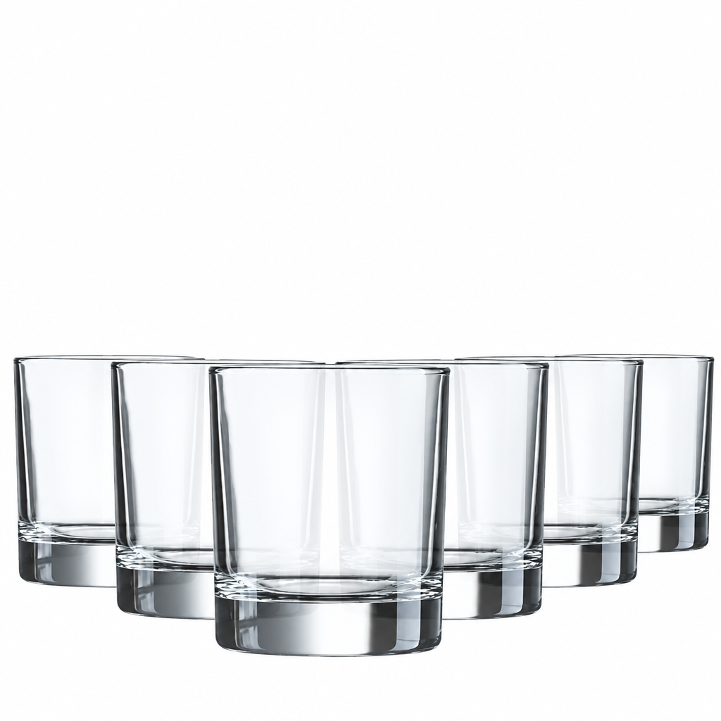 Six Krosno glass whisky tumblers with straight sides, 290ml capacity, crafted by Glassware UK, shown in a close-up image.