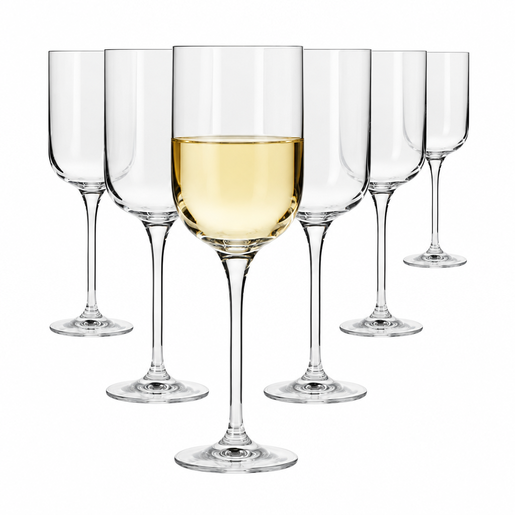 Set of 6 Krosno Glamour wine glasses, 350ml, clear glassware filled with white wine, Elegant stemware for wine drinking.