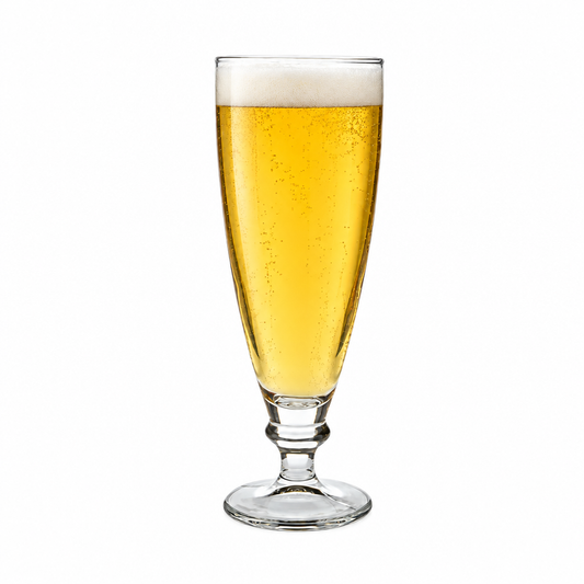 Bormioli Rocco Harmonia beer glass tankard filled with beer, 385ml, clear glassware for chilled drinks.