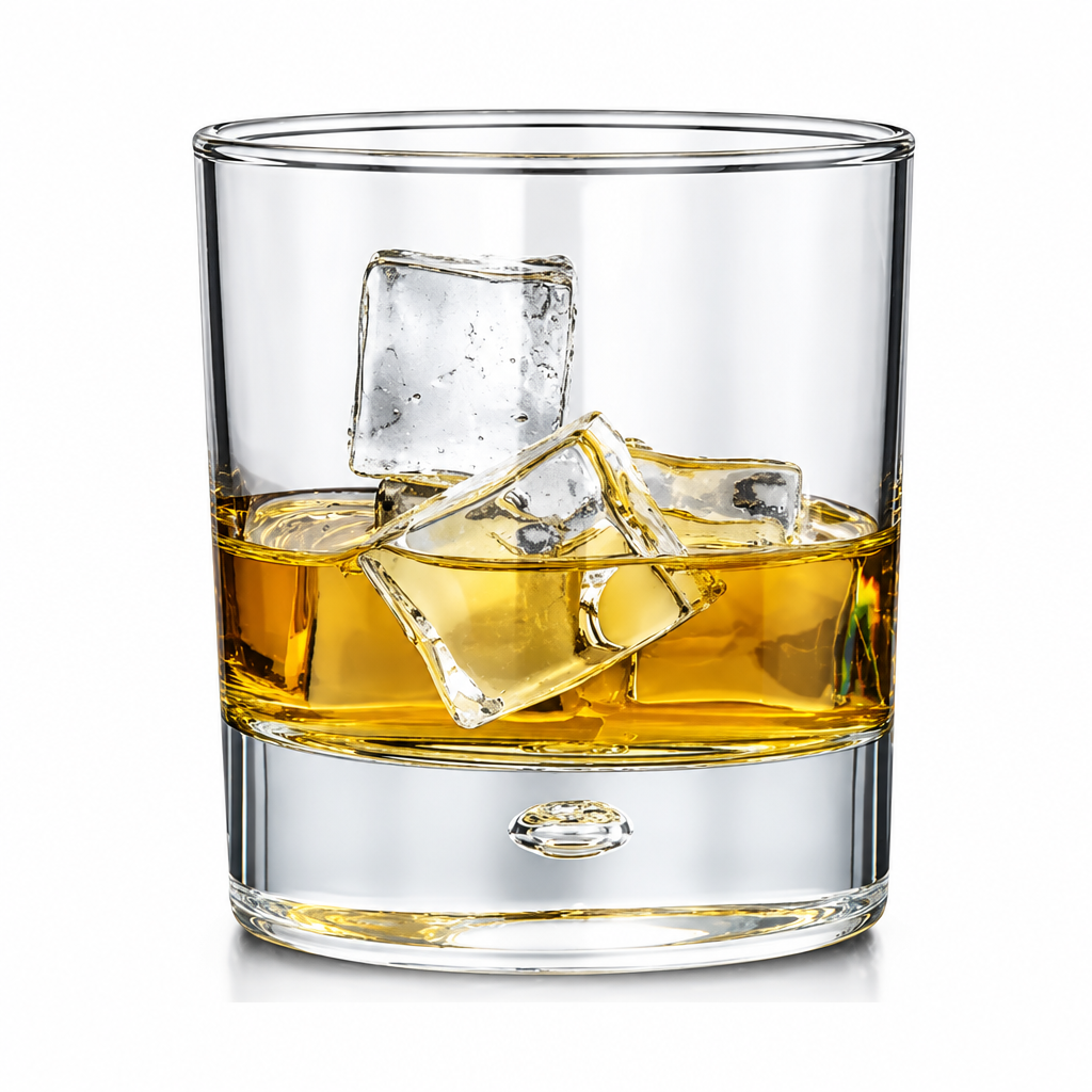 Set of six Krosno Bubble Based whisky tumblers with 330ml capacity, clear glassware designed for enjoying whisky.