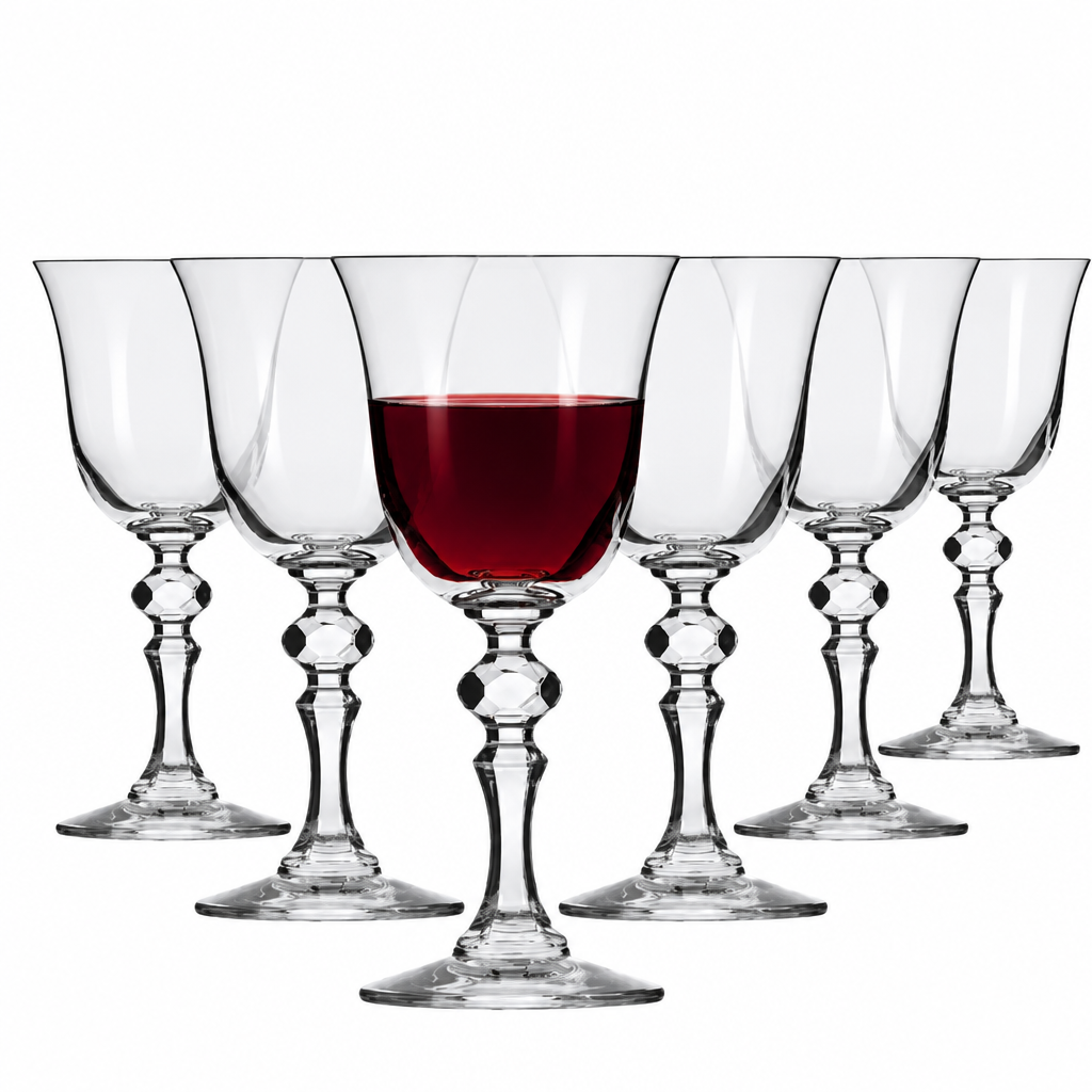 Set of six Krosno Krista red wine glasses by Glassware UK, 220ml, with one glass filled with red wine, showcasing elegant design.