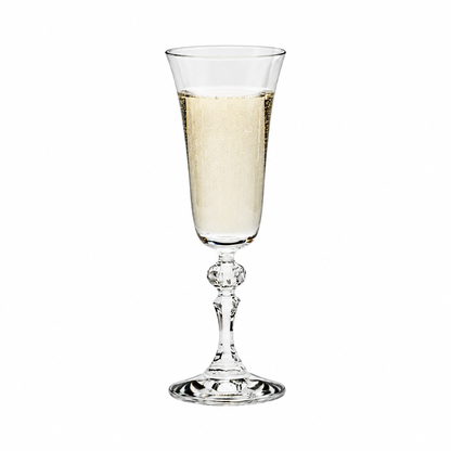 Set of six Krosno Krista champagne flutes, 150ml glassware from UK, featuring tall, slender design perfect for celebratory drinks.