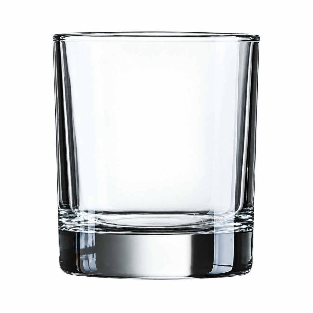 Clear Krosno straight-sided whisky tumbler with 290ml capacity, shown from a side view, highlighting its elegant glass design.