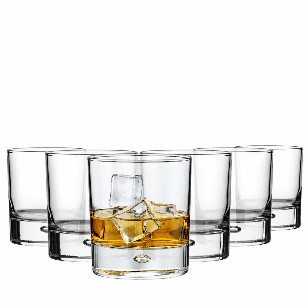 Set of 6 Krosno Bubble Based Whisky Tumblers, 330ml glassware with rounded design, perfect for enjoying whisky in style.