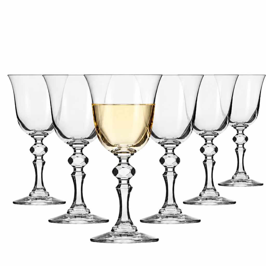 Set of six Krosno Krista white wine glasses with 155ml capacity, clear glassware filled with white wine, stylish and elegant.