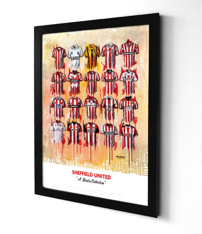 Limited edition A2 signed print of Sheffield United FC shirts by Terry Kneeshaw Art, featuring detailed football memorabilia artwork.