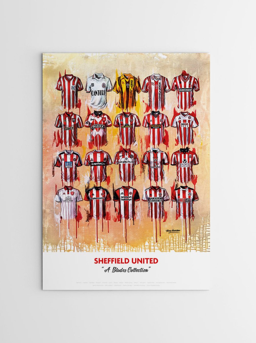 Limited edition A2 signed print of Sheffield United FC shirts by Terry Kneeshaw Art, featuring detailed artwork of team jerseys.