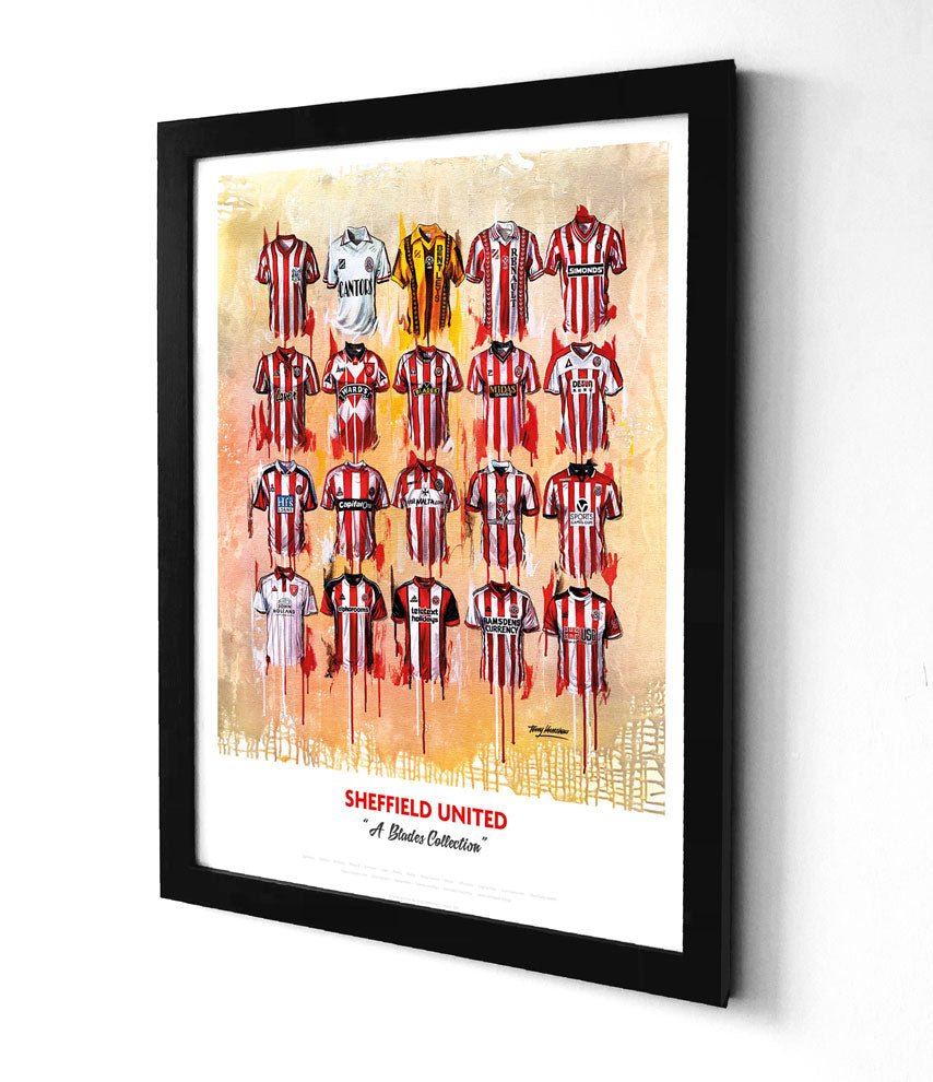 Limited edition Sheffield United A3 framed print featuring iconic Blades shirt wall art by Terry Kneeshaw Art.