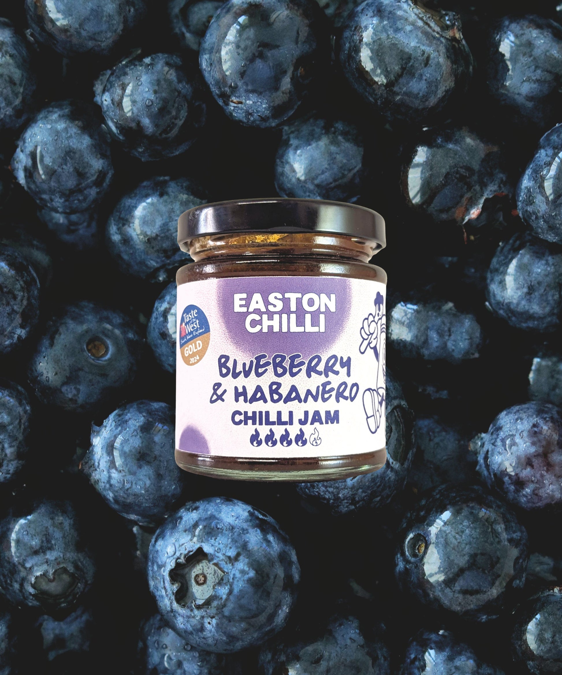 Blueberry and habanero chilli jam by Easton Chilli in a jar, showing vibrant blue and orange-hued chilli jam with fresh ingredients.