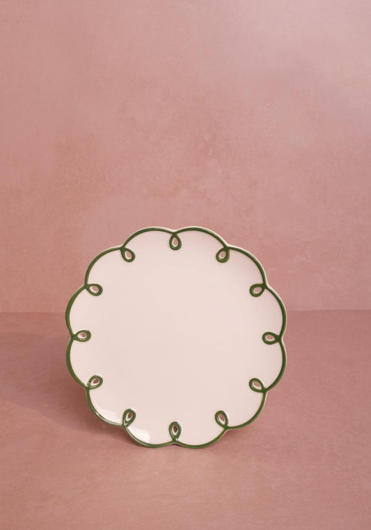 Set of four Glorious Green scalloped side plates by Casa Josephine Jenno, featuring elegant green ceramic with scalloped edges.