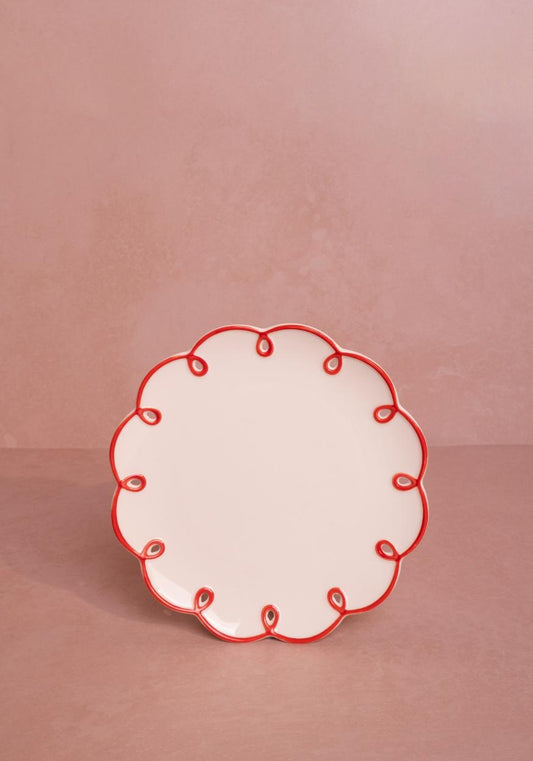Set of 4 rosy red scalloped side plates by Casa by Josephine Jenno, featuring elegant curved edges and vibrant color.
