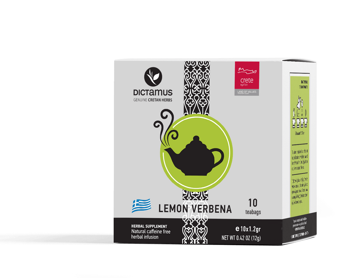 Greek Louisa Lemon Verbena tea bags by The Greek Deli Club, showing a package of 10 herbal tea bags with lemon verbena leaves.
