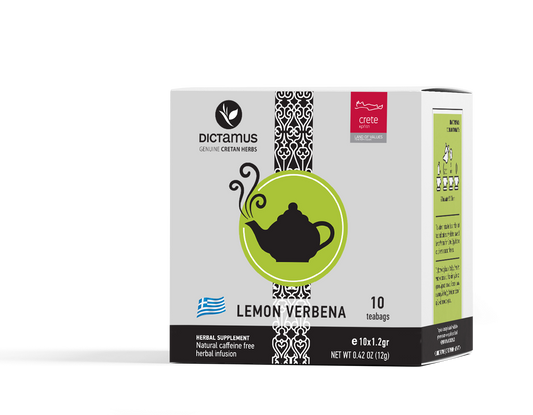Greek Louisa Lemon Verbena tea bags by The Greek Deli Club, showing a package of 10 herbal tea bags with lemon verbena leaves.