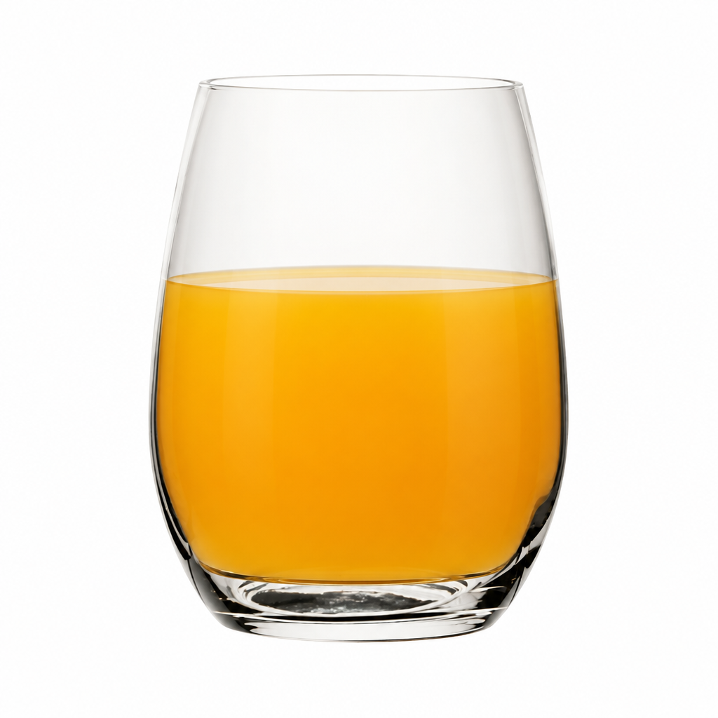 Amber tumbler from Glassware UK filled with orange juice, 440ml capacity, set of six elegant glass drinkware.