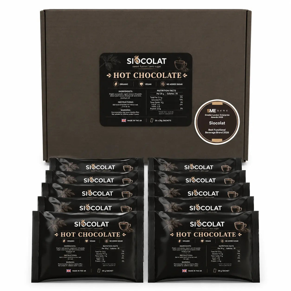 Siocolat organic vegan hot chocolate drink in a mug, creamy and rich with a smooth texture, served hot in a cozy setting.