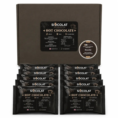 Siocolat organic vegan hot chocolate drink in a mug, creamy and rich with a smooth texture, served hot in a cozy setting.