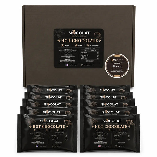 Siocolat organic vegan hot chocolate drink in a mug, creamy and rich with a smooth texture, served hot in a cozy setting.