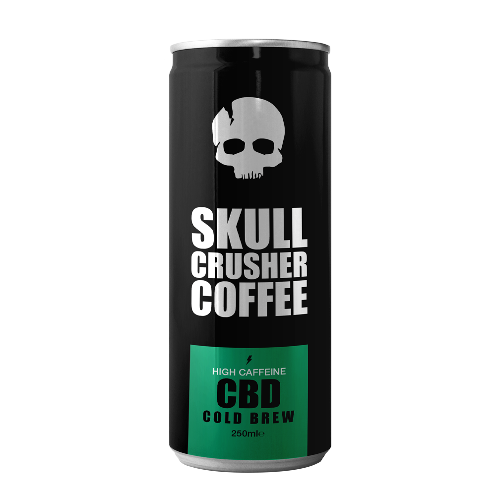Six cans of Skull Crusher Coffee CBD-infused cold brew coffee, 250ml each, displayed in a row with branding labels visible.